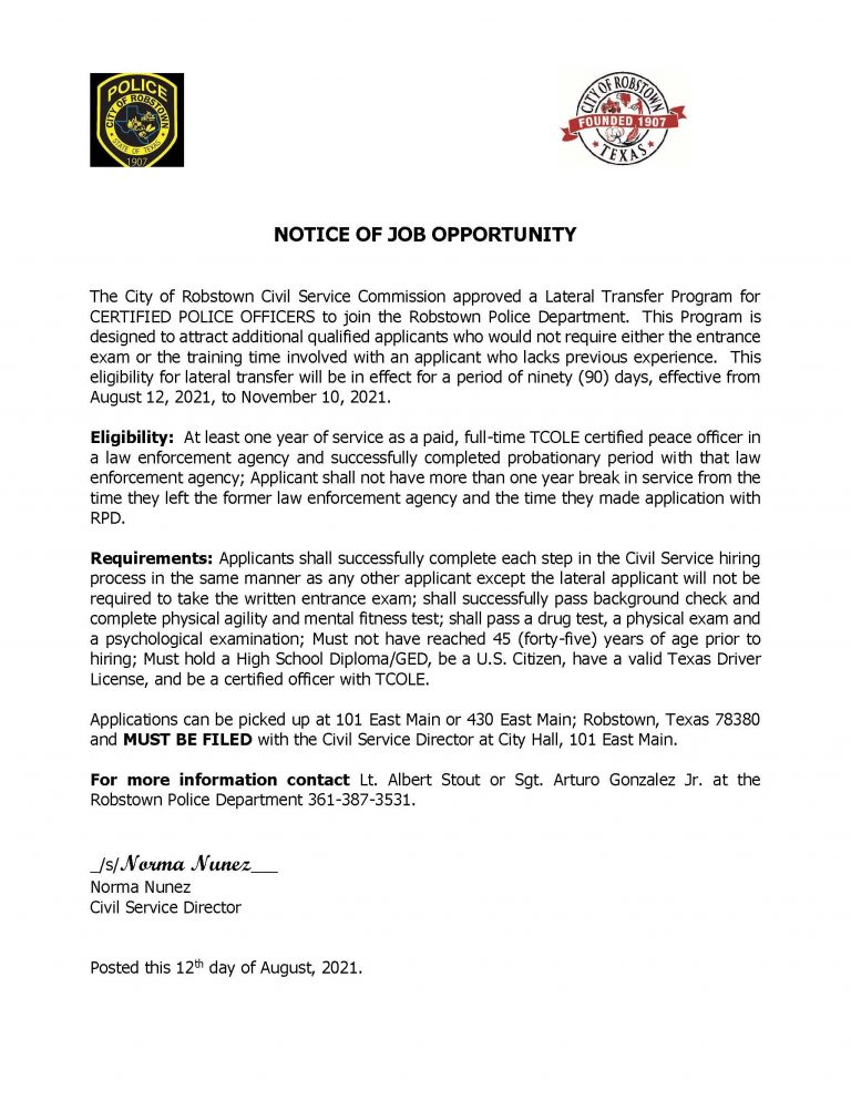 NOTICE OF JOB OPPORTUNITY LATERAL PROGRAM City of Robstown, Texas