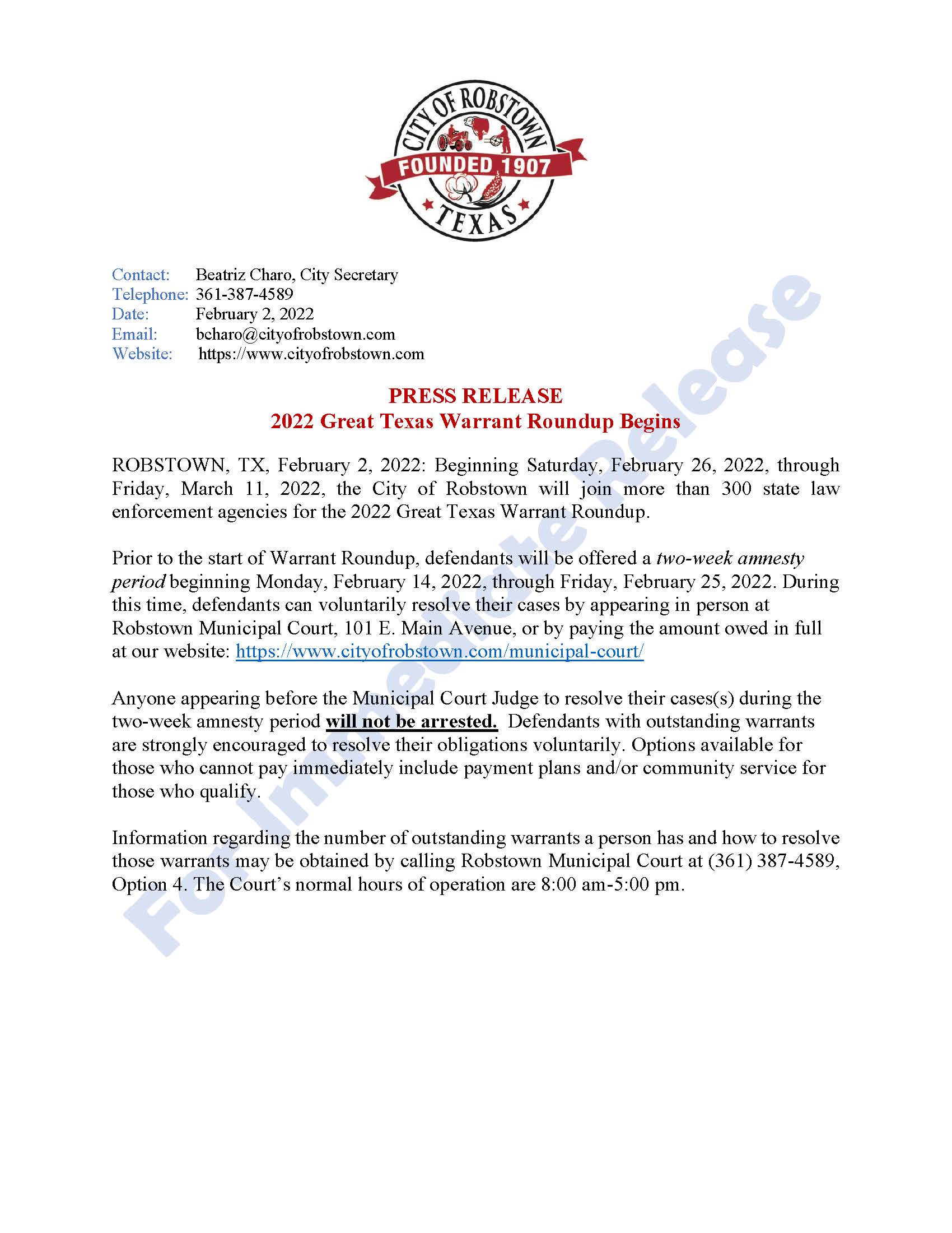 Warrant round up press release22 City of Robstown, Texas